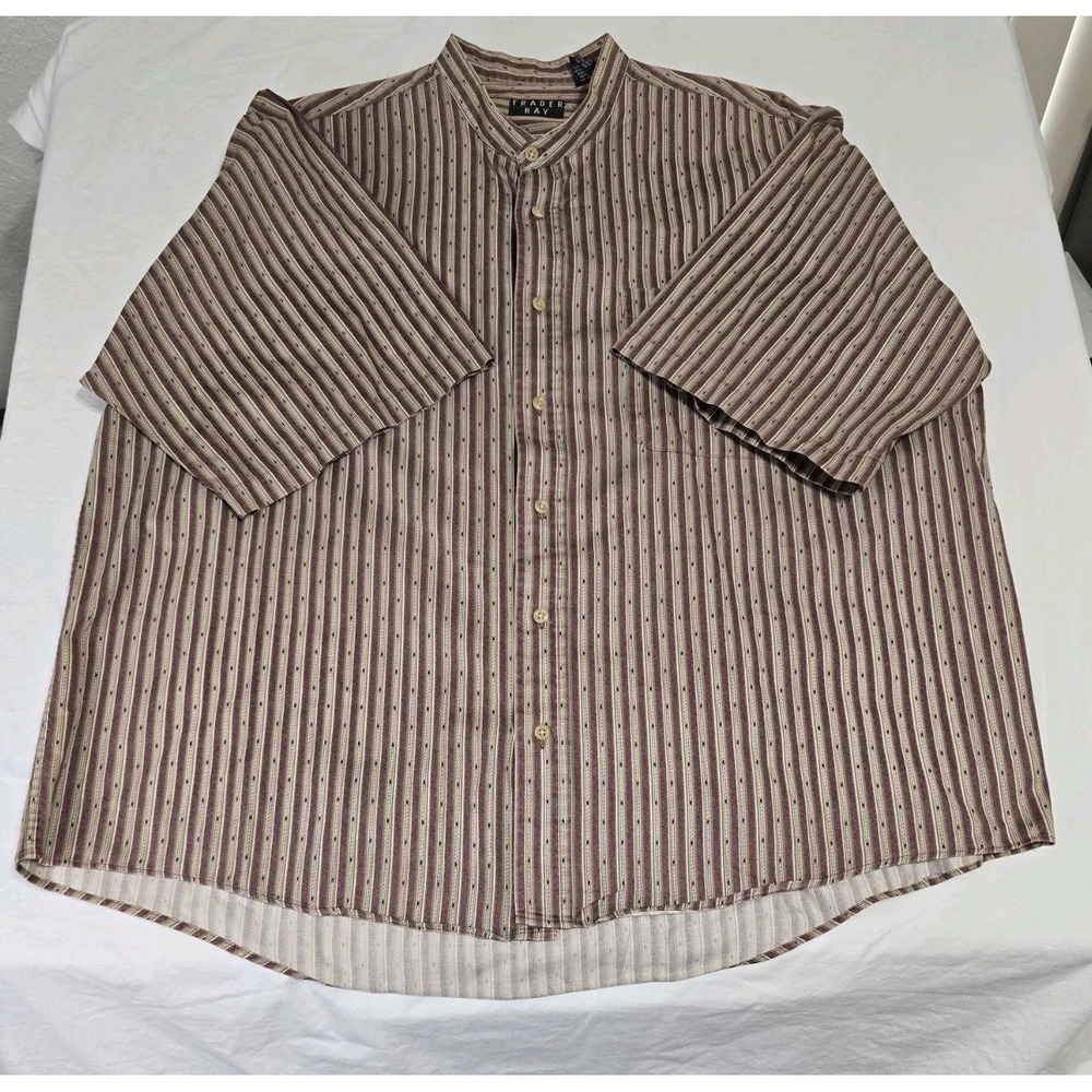 Trader Bay Men's XL Striped Button-Down Shirt Banded Collar Short-Sleeve
